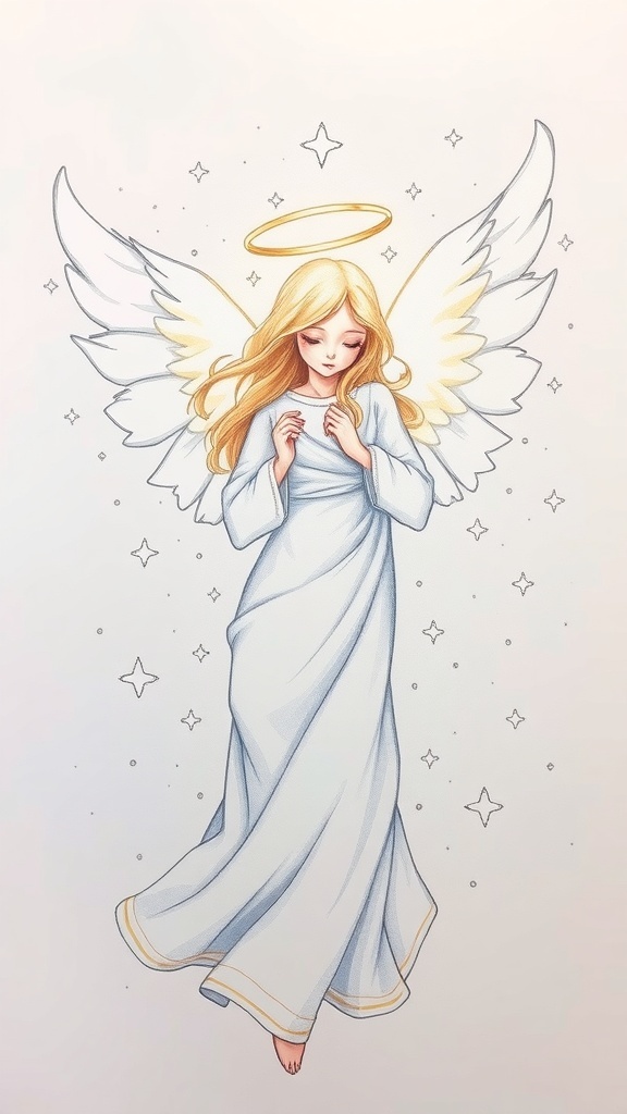A serene Christmas angel drawing with flowing robes and delicate wings, surrounded by stars and snowfall.